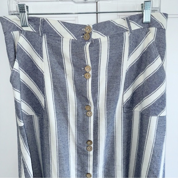 Alya Fit and Flare Navy Striped Cotton Midi Skirt Sz Medium Button Front - Picture 4 of 8